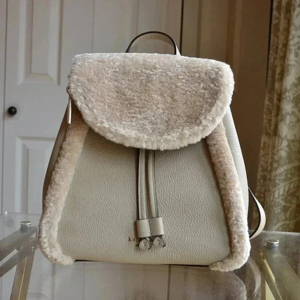 Kate Spade K9398 Leila Flap Backpack Fur Faux Shearling Light Sand